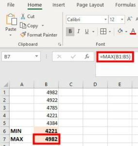 Excel min and max formula