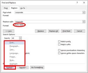 Change formatting using Find and Replace tool