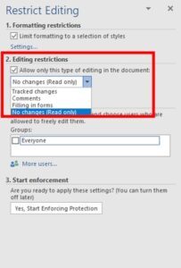Editing restrictions for Word document