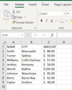 Excel table