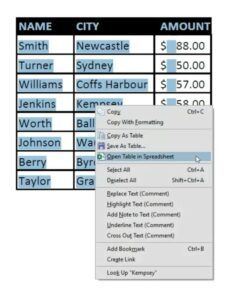 open table in spreadsheet